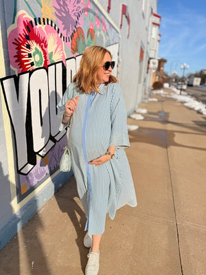 Entro Blue Stripe Quarter Sleeve Midi Dress