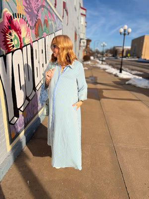 Entro Blue Stripe Quarter Sleeve Midi Dress
