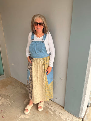 Easel Washed Denim Patchwork Overall Dress