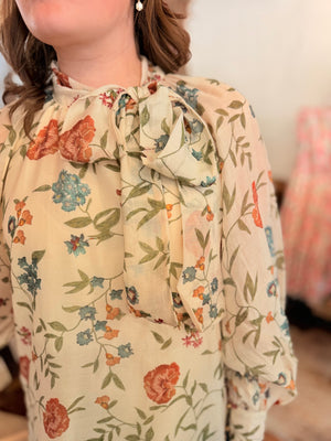 Entro Cream Floral Print Tie Neck Top
