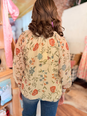 Entro Cream Floral Print Tie Neck Top