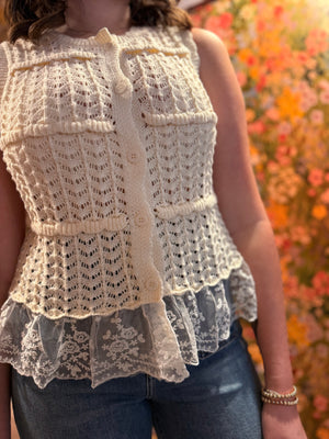 Entro Cream Button Front Vest w/ Lace Hem