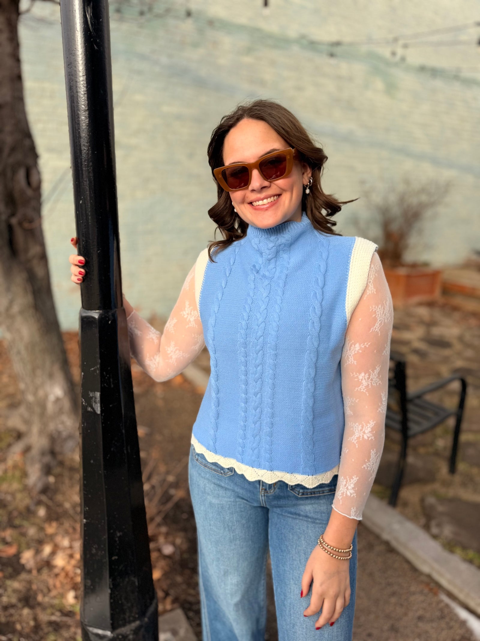 Entro Periwinkle Cable Knit High Neck Sweater Vest