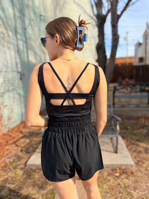 Mono B Black Short Romper w/ Criss Cross Back