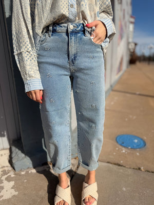 Risen Light Wash Tummy Control Floral Embroidered Barrel Jeans