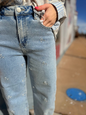 Risen Light Wash Tummy Control Floral Embroidered Barrel Jeans
