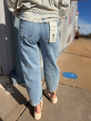 Risen Light Wash Tummy Control Floral Embroidered Barrel Jeans