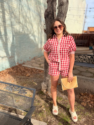 Red Plaid Button Up Collared Top
