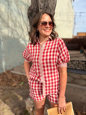 Red Plaid Button Up Collared Top