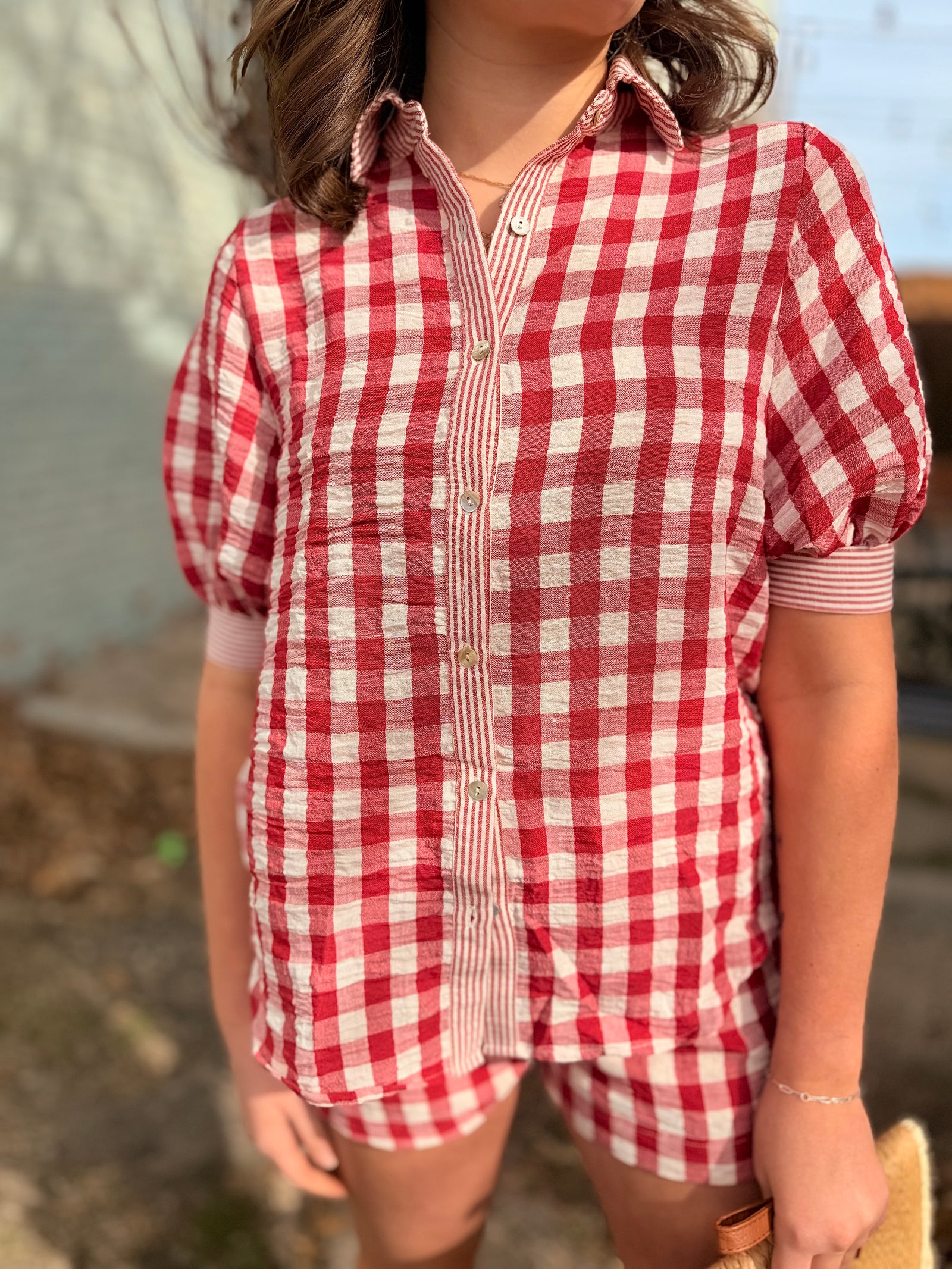 Red Plaid Button Up Collared Top