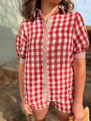 Red Plaid Button Up Collared Top