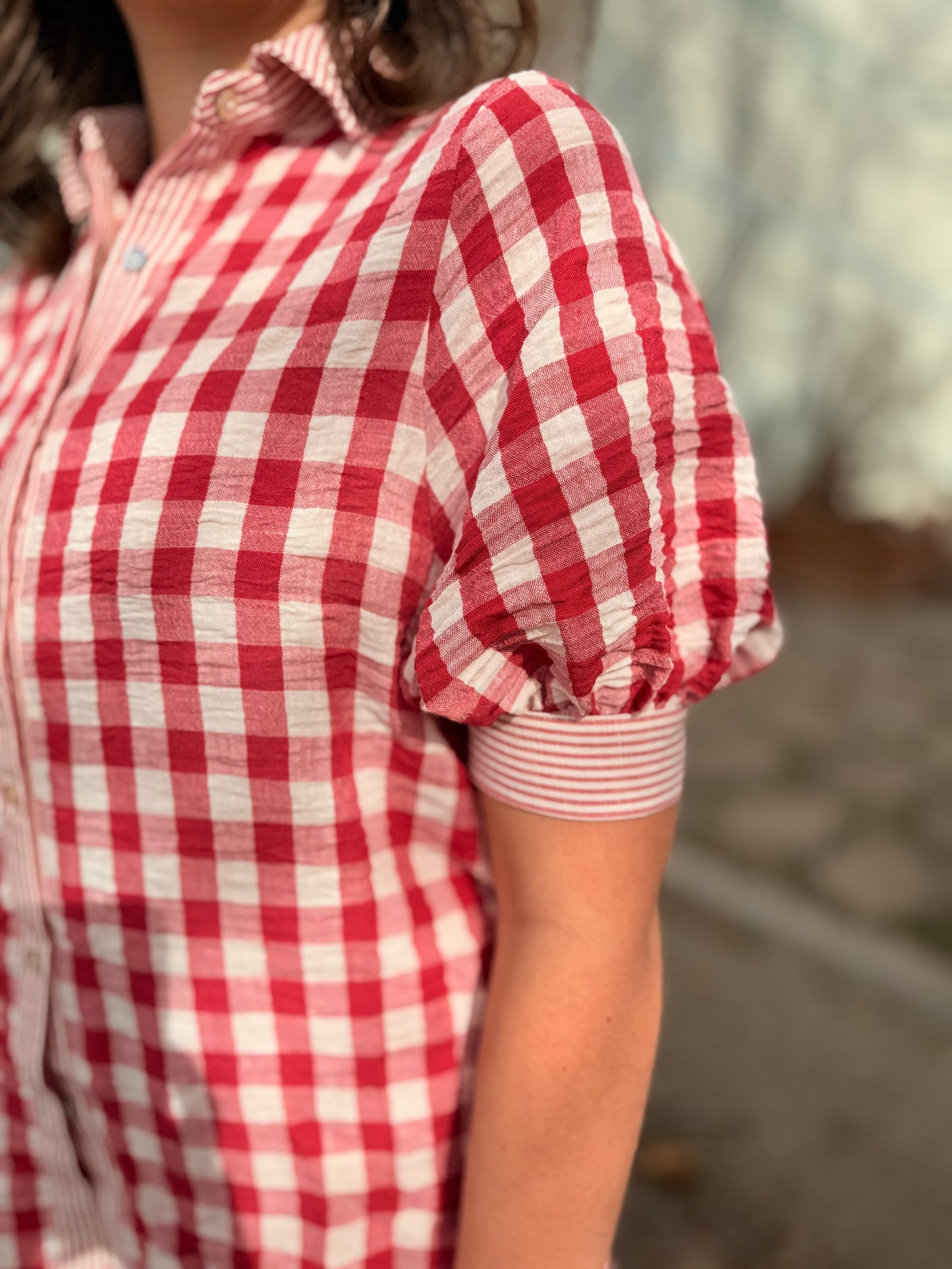 Red Plaid Button Up Collared Top
