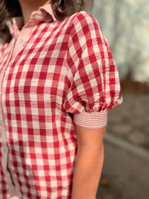 Red Plaid Button Up Collared Top