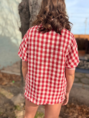 Red Plaid Button Up Collared Top