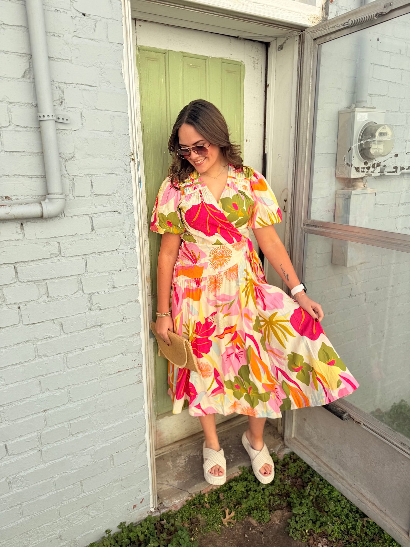Easel Puff Sleeve Beach Blossom Wrap Dress