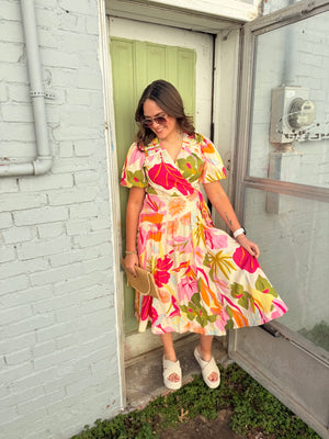 Easel Puff Sleeve Beach Blossom Wrap Dress