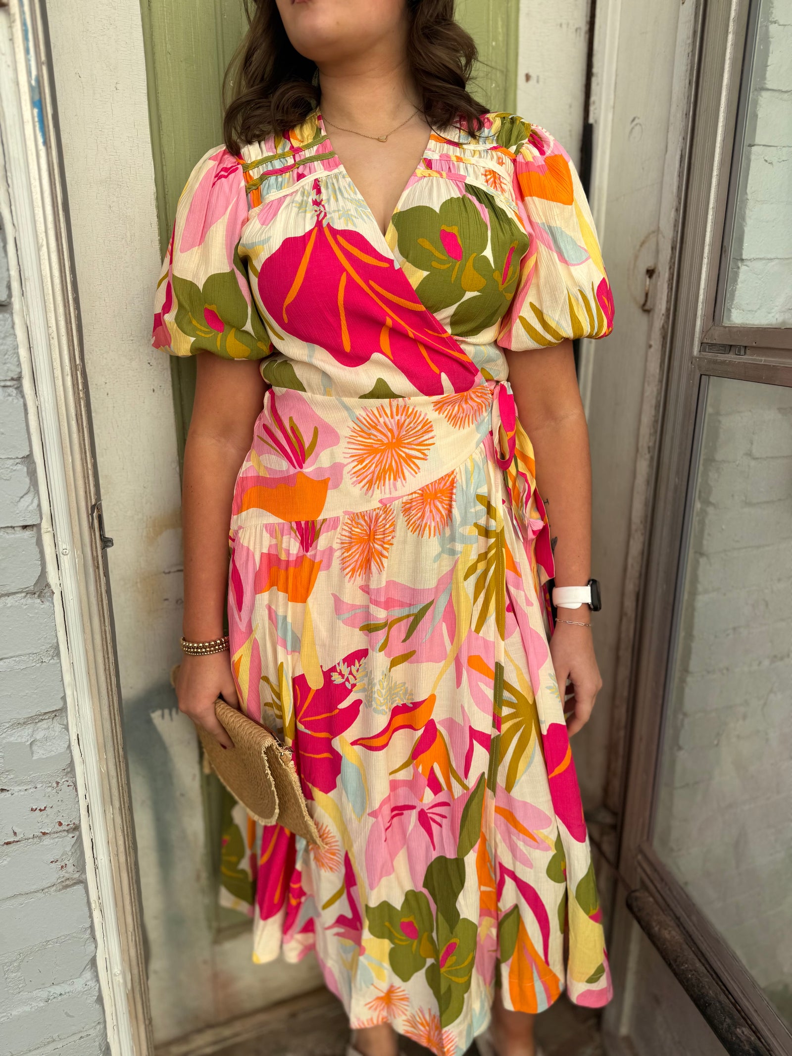 Easel Puff Sleeve Beach Blossom Wrap Dress