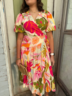 Easel Puff Sleeve Beach Blossom Wrap Dress