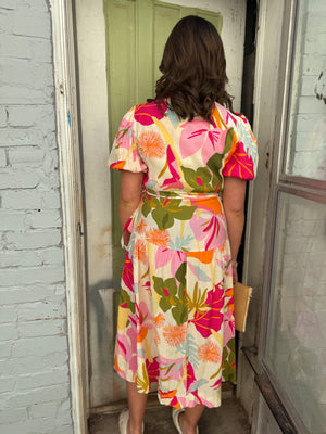 Easel Puff Sleeve Beach Blossom Wrap Dress