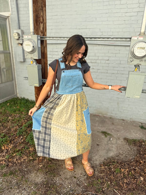 Easel Washed Denim Patchwork Overall Dress