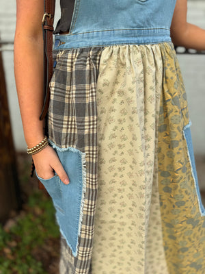 Easel Washed Denim Patchwork Overall Dress