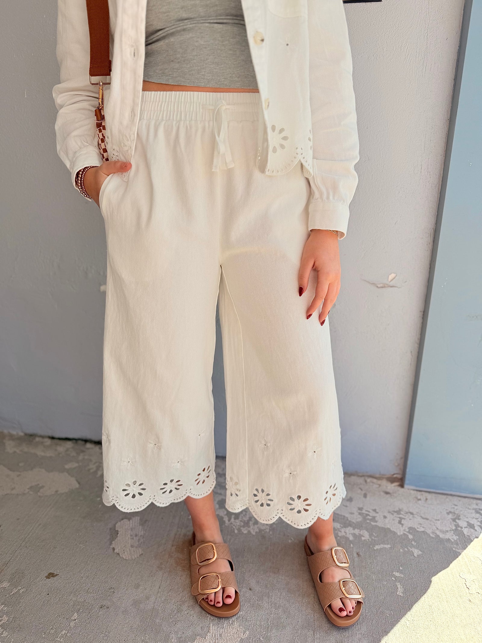 Hem & Thread White Embroidered Leg Wide Leg Pants