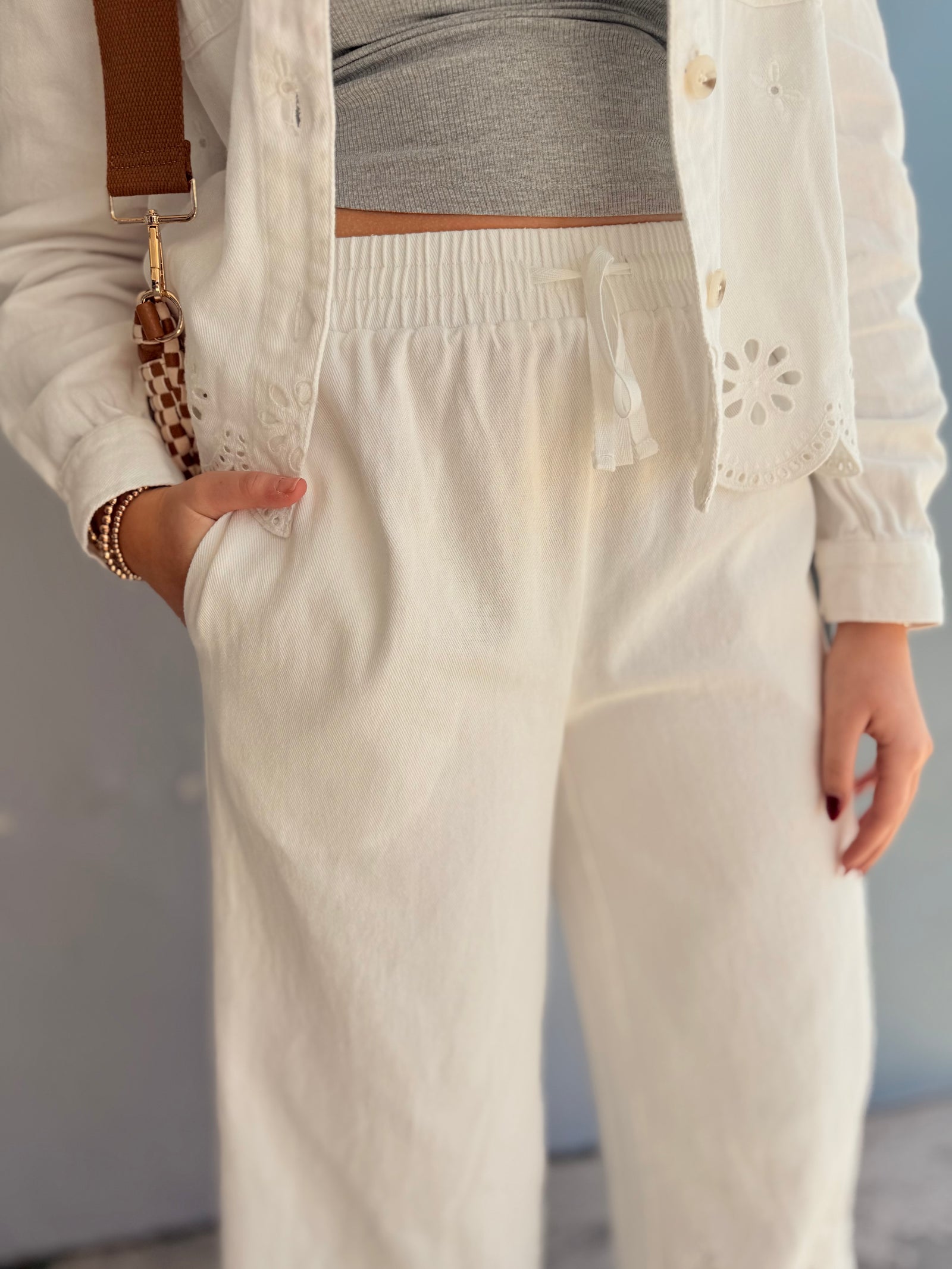 Hem & Thread White Embroidered Leg Wide Leg Pants