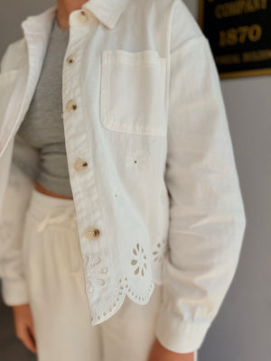 Hem & Thread White Embroidered Button Up Jacket
