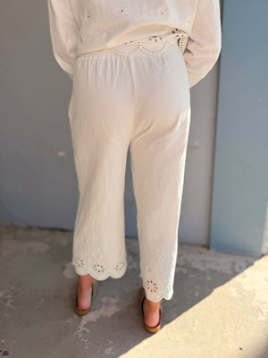 Hem & Thread White Embroidered Leg Wide Leg Pants