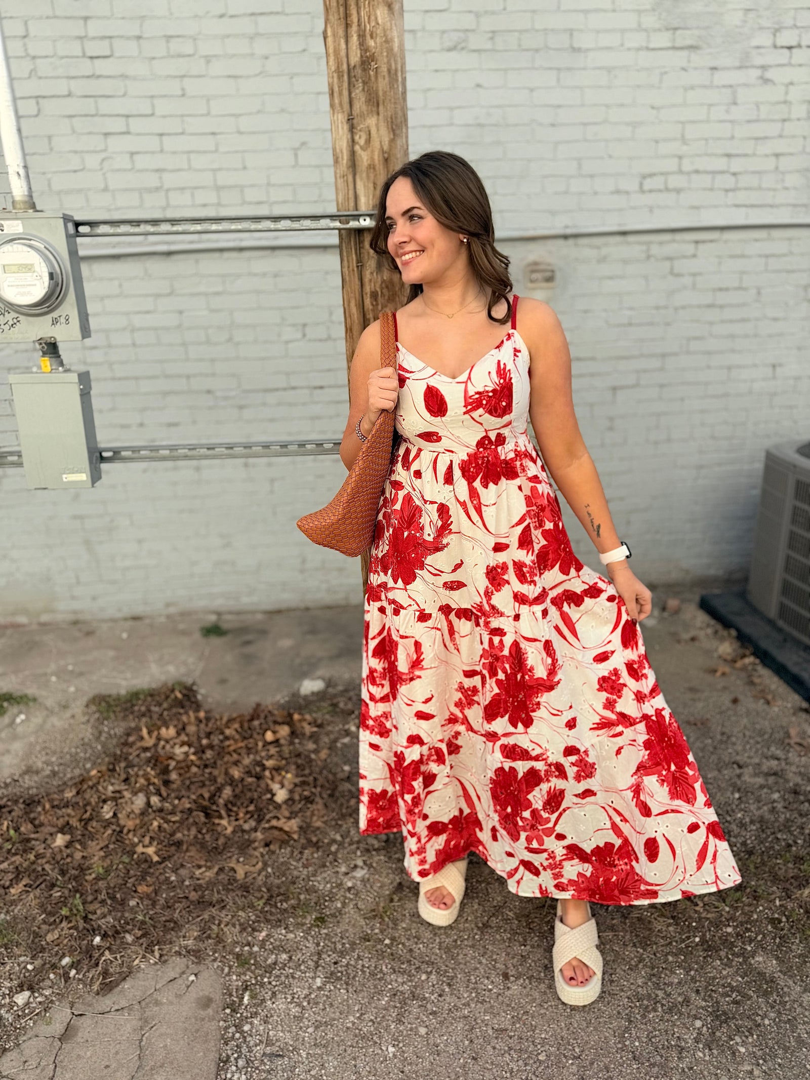 Doe & Rae Red Floral Eyelet Lace Tie Front Dress