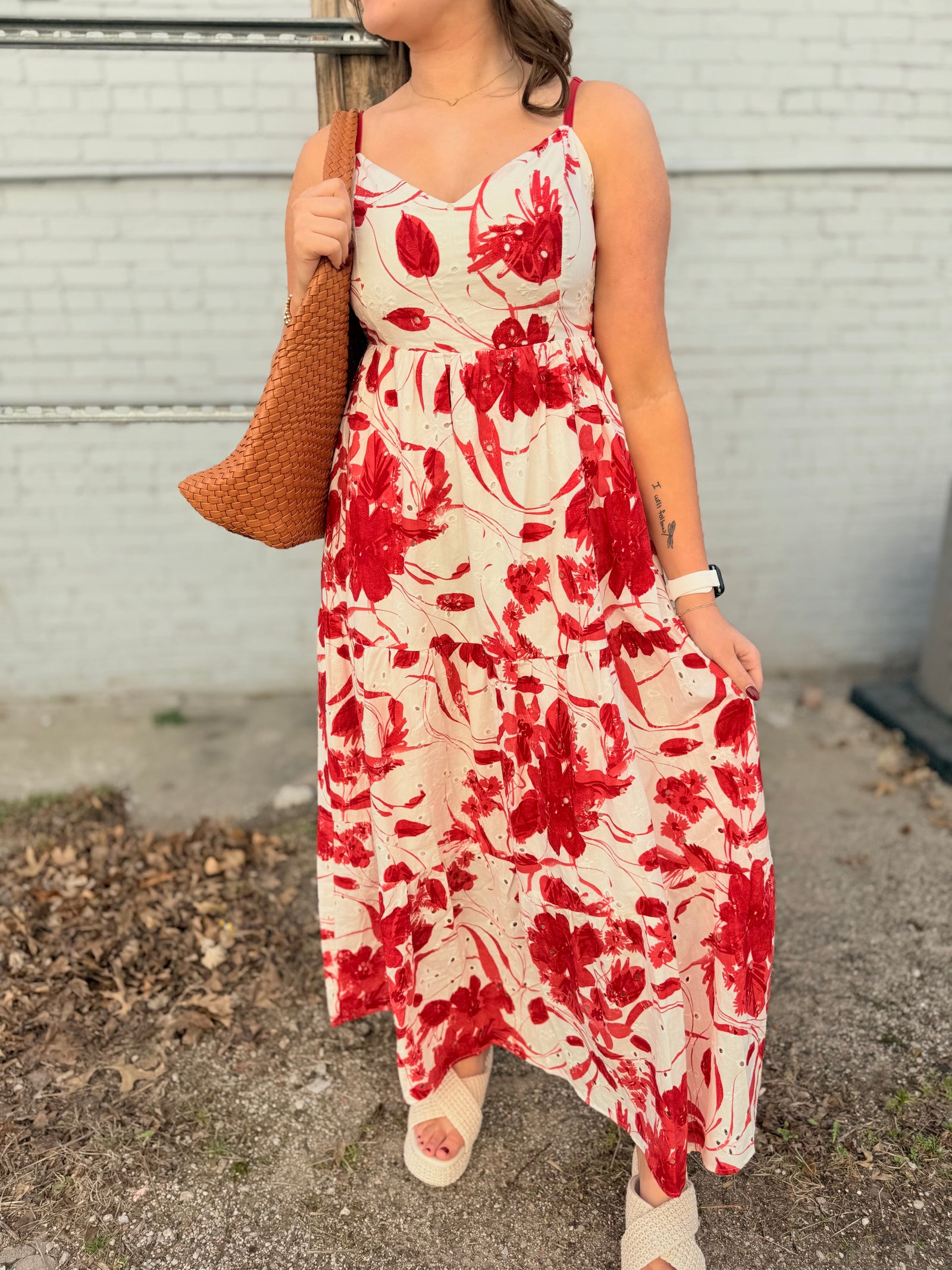 Doe & Rae Red Floral Eyelet Lace Tie Front Dress