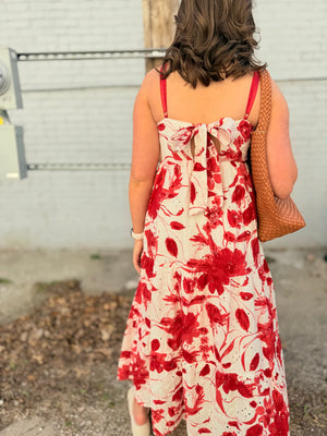Doe & Rae Red Floral Eyelet Lace Tie Front Dress