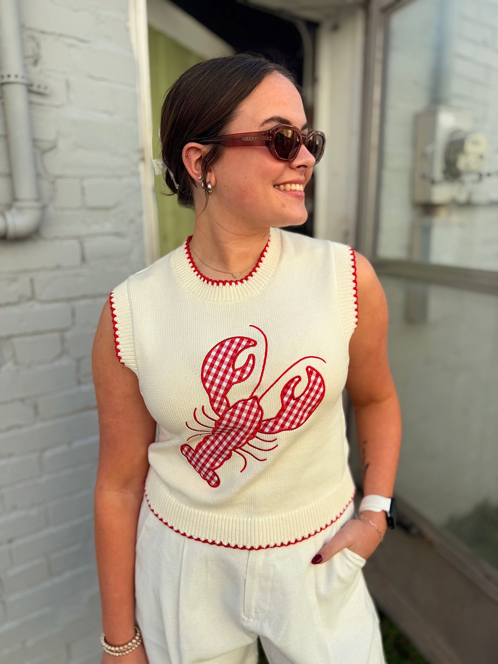 Entro Cream Plaid Lobster Knit Sleeveless Sweater