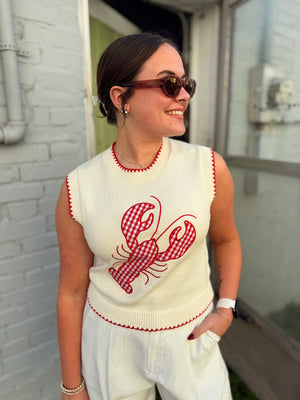 Entro Cream Plaid Lobster Knit Sleeveless Sweater