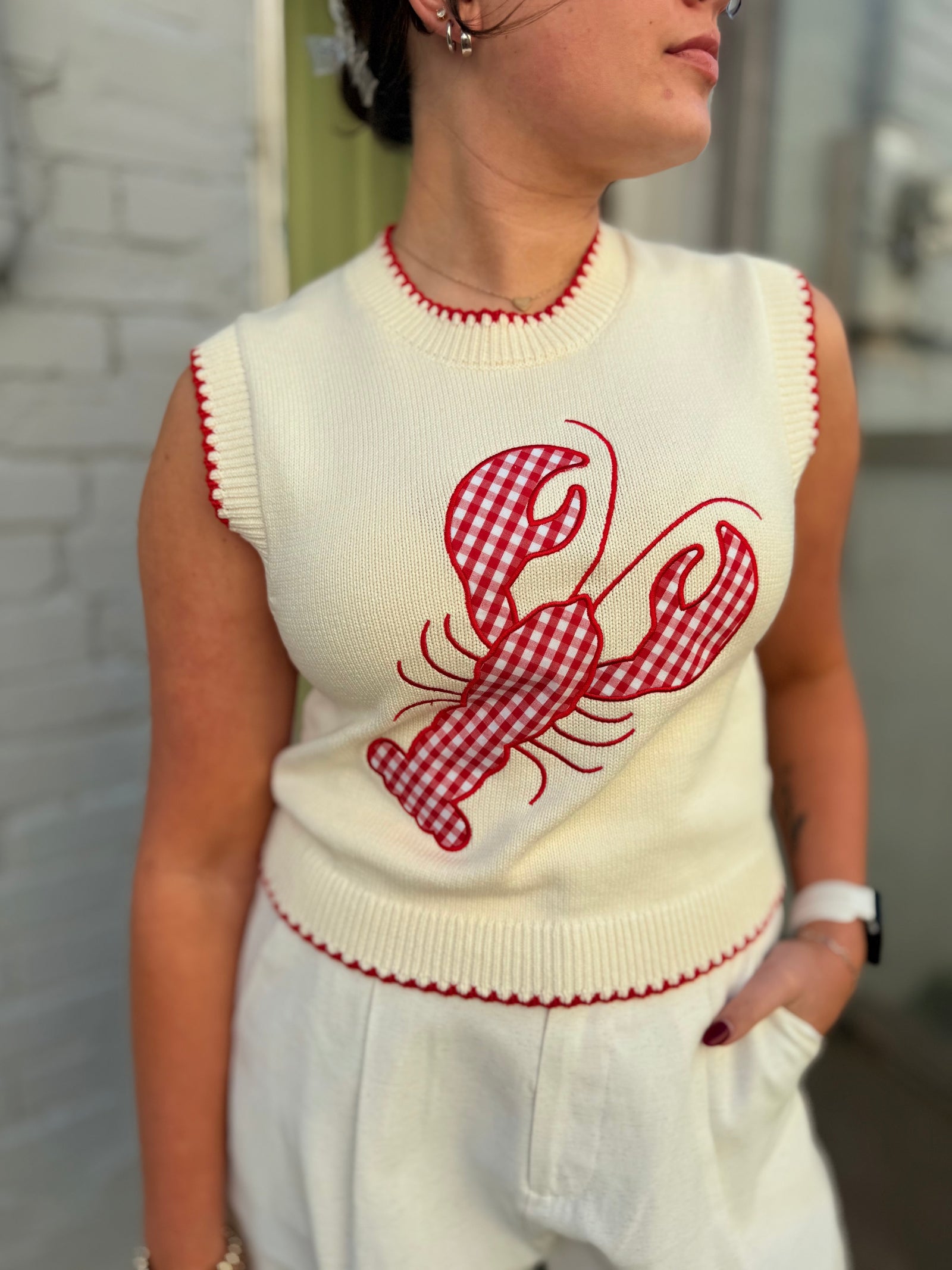 Entro Cream Plaid Lobster Knit Sleeveless Sweater