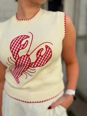 Entro Cream Plaid Lobster Knit Sleeveless Sweater
