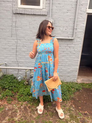 Easel Blue Vibrant Floral Dress w/ Tie Back