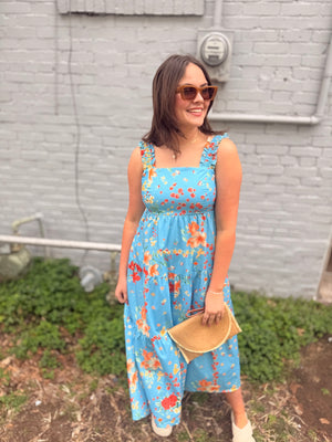 Easel Blue Vibrant Floral Dress w/ Tie Back