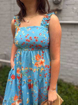 Easel Blue Vibrant Floral Dress w/ Tie Back