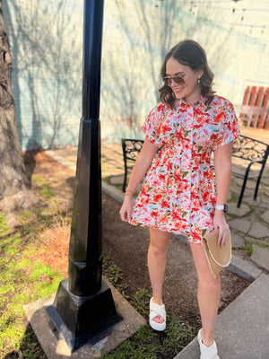 Staccato Orange Floral Button Down Dress w/ Pleat Detail