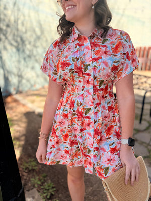 Staccato Orange Floral Button Down Dress w/ Pleat Detail
