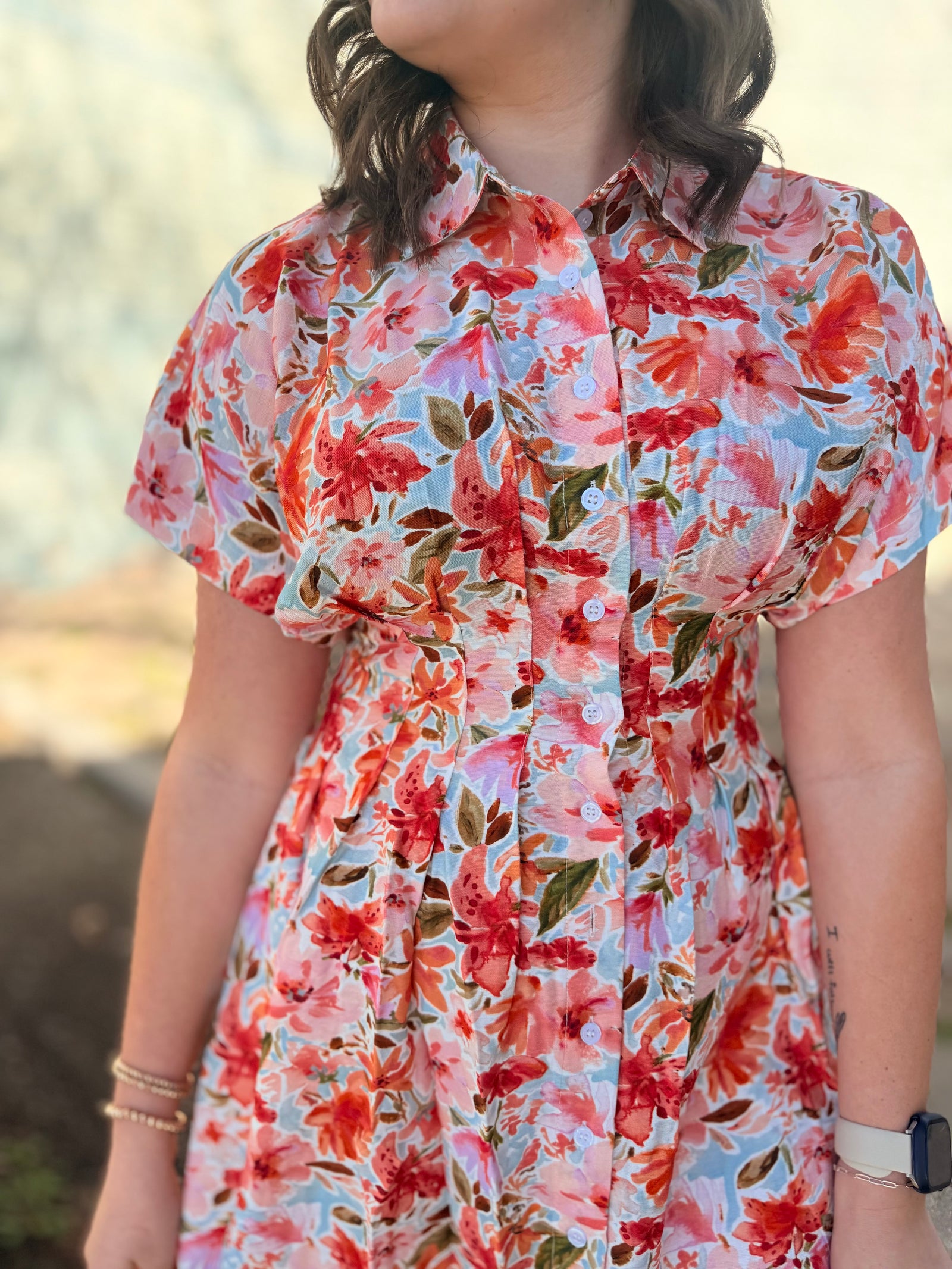 Staccato Orange Floral Button Down Dress w/ Pleat Detail
