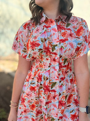 Staccato Orange Floral Button Down Dress w/ Pleat Detail