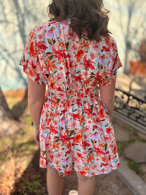 Staccato Orange Floral Button Down Dress w/ Pleat Detail