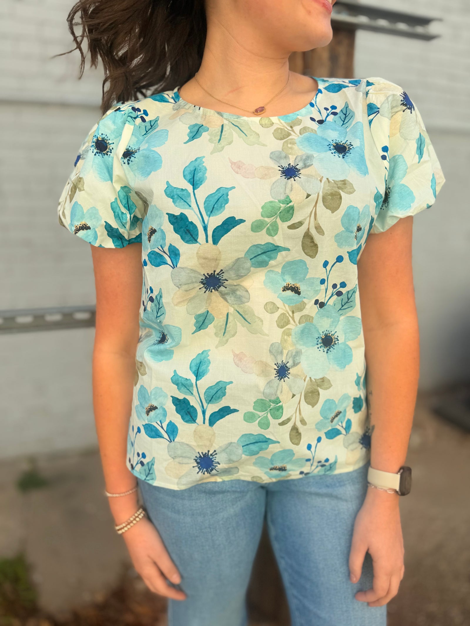 Staccato Blue + Jade Floral Print Balloon Sleeve Blouse