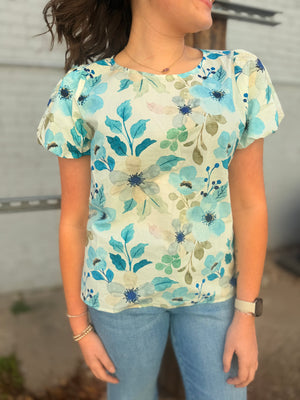 Staccato Blue + Jade Floral Print Balloon Sleeve Blouse