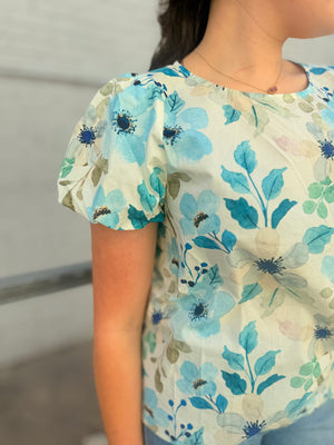 Staccato Blue + Jade Floral Print Balloon Sleeve Blouse