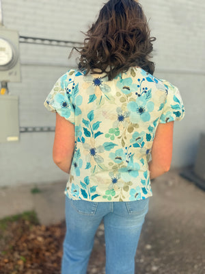 Staccato Blue + Jade Floral Print Balloon Sleeve Blouse