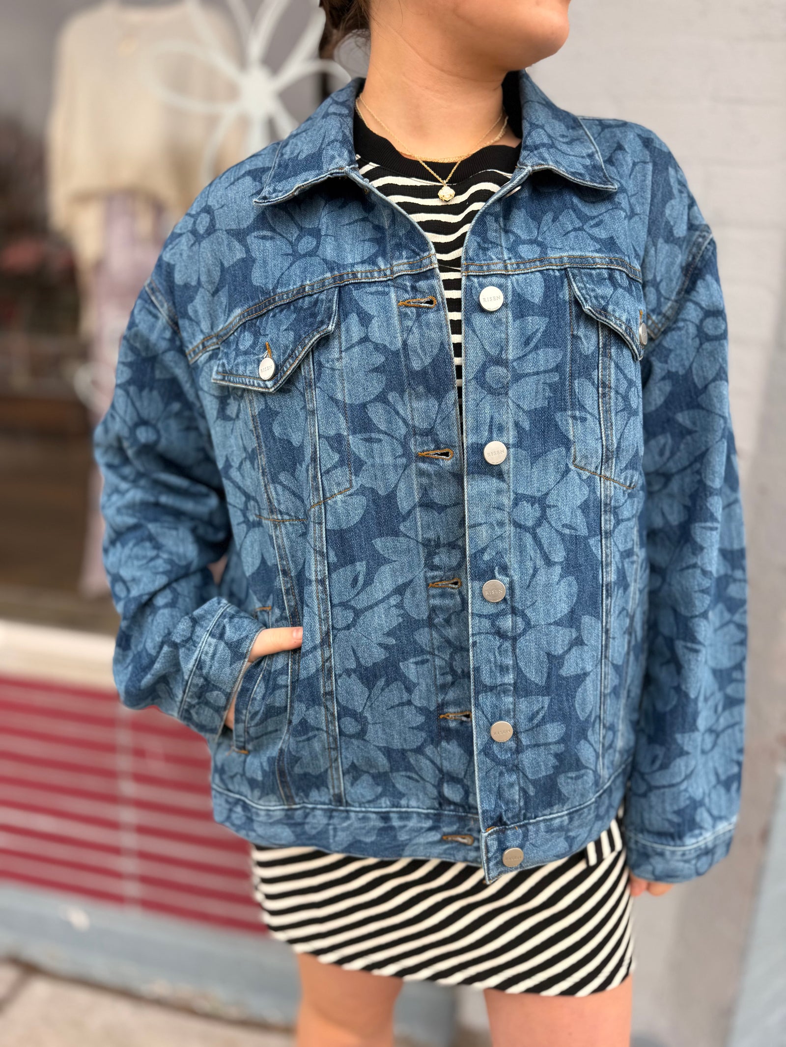 Risen Dark Wash Flower Print Boxy Denim Jacket