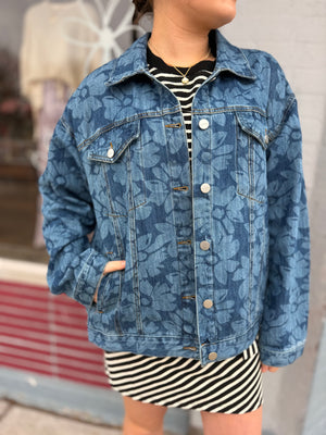 Risen Dark Wash Flower Print Boxy Denim Jacket